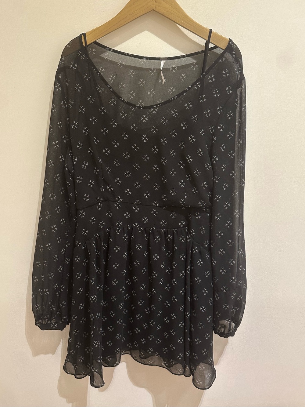 Free People Black Sheer Mini Dress with Subtle White Floral Print